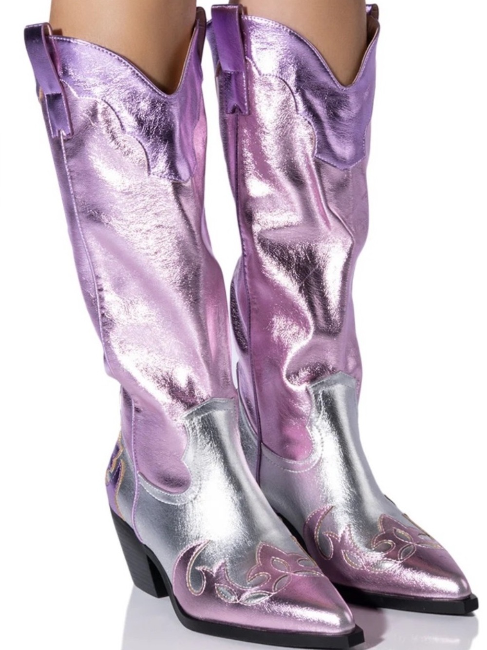 Metallic pink & Silver Western Knee-High Boots for Women